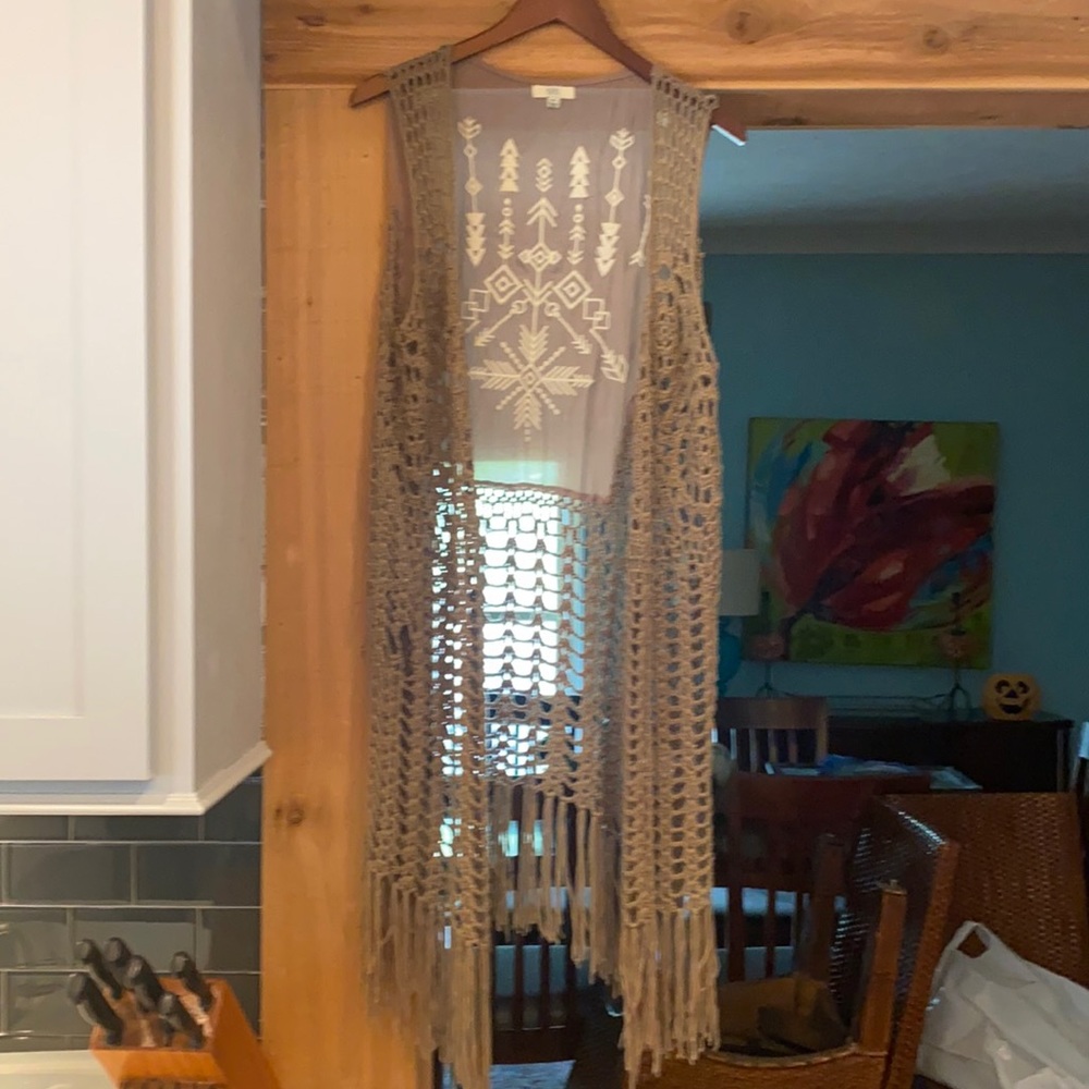 Long crochet cardigan vest with fringe